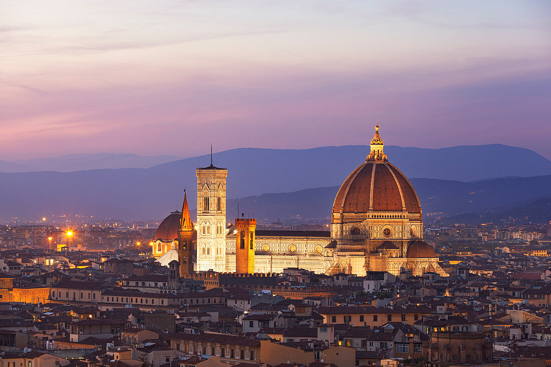 Overview of Florence Cathedral at dusk from Piazzale Michelangelo, Florence, Tuscany, Italy