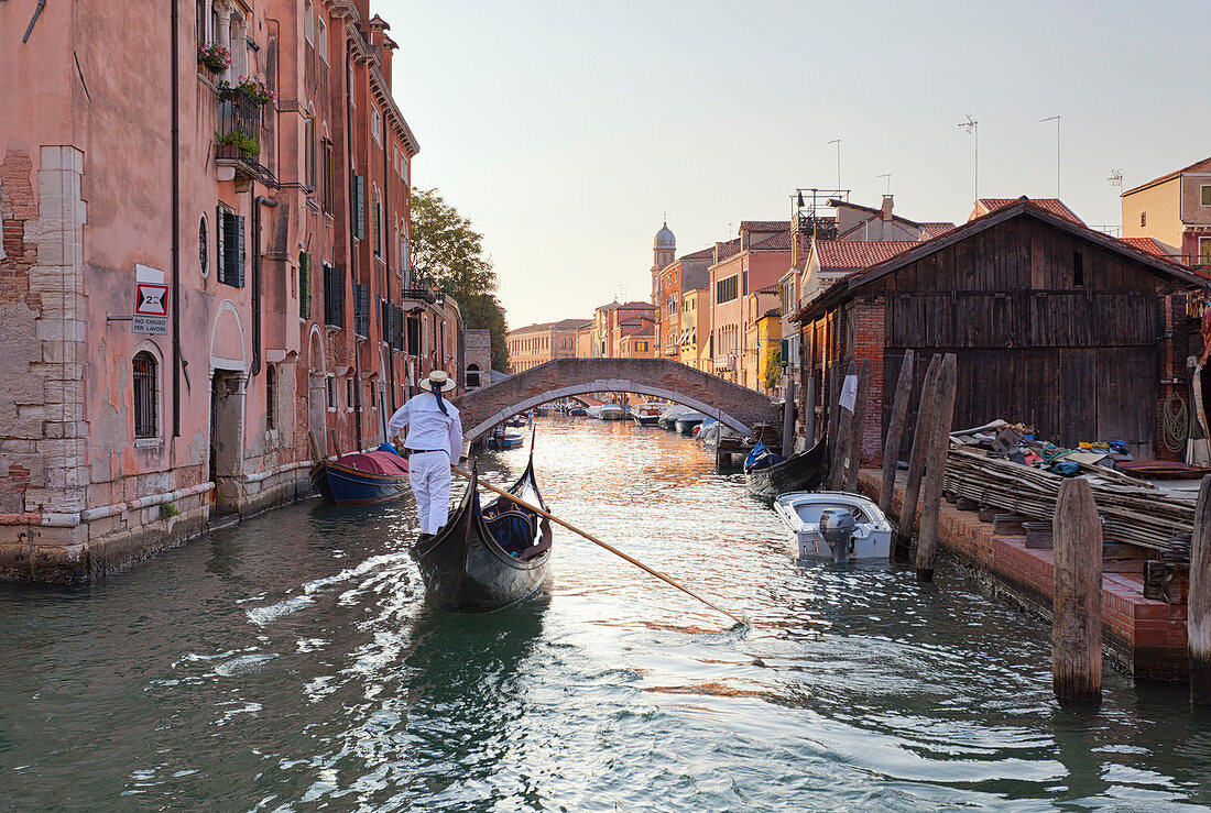 A gondola on Rio del Ognissanti, Venice, Veneto, Italy