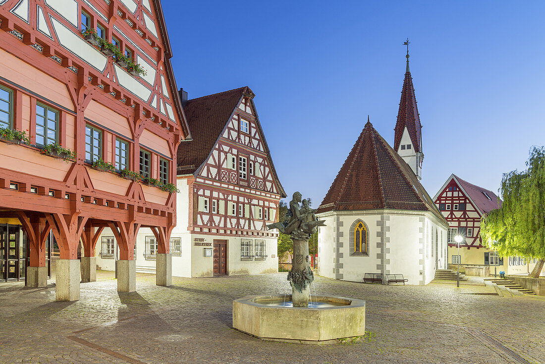 Early morning house, public library and Ottilienkapelle on the market in Plochingen am Neckar, Baden-Wuerttemberg