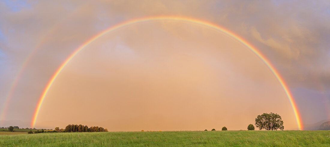 Rainbow after a thunderstorm, Großweil, Upper Bavaria, Bavaria, Germany