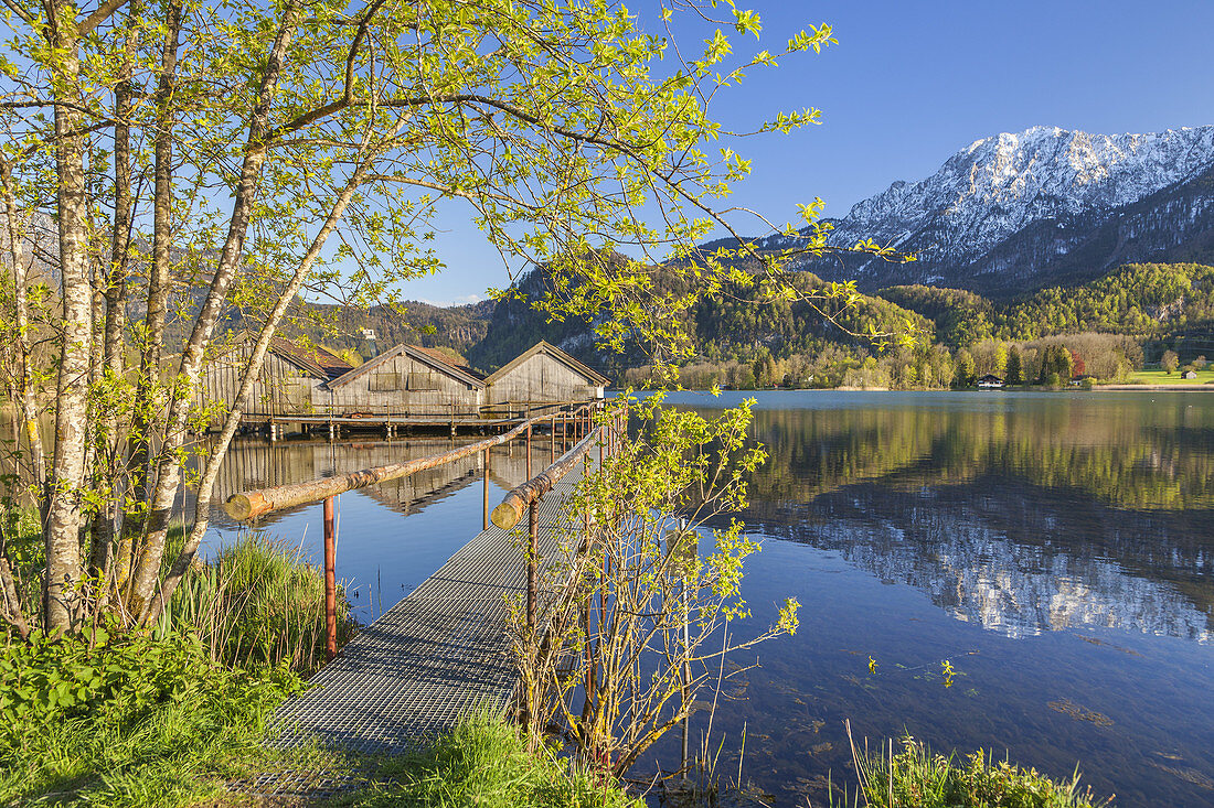 Bootshütten am Kochelsee vor Herzogstand, Schlehdorf, Tölzer Land, Oberbayern, Bayern, Deutschland, Europa