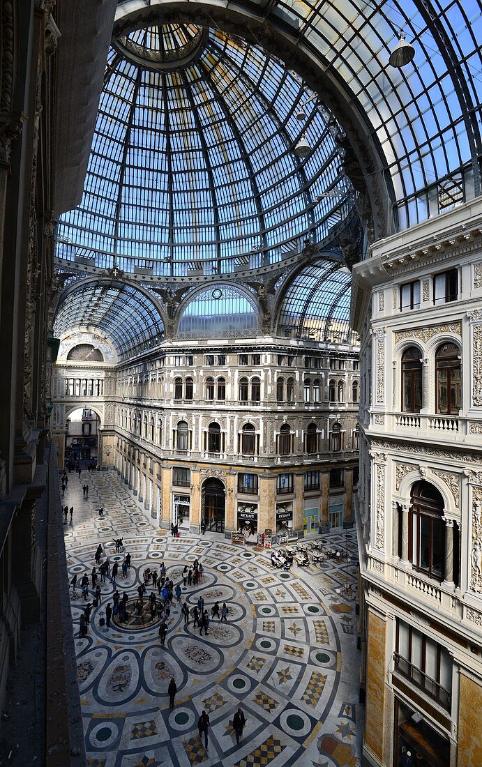View from above into the Galleria Umberto I with its famous glass roof, Naples, Campania, Italy