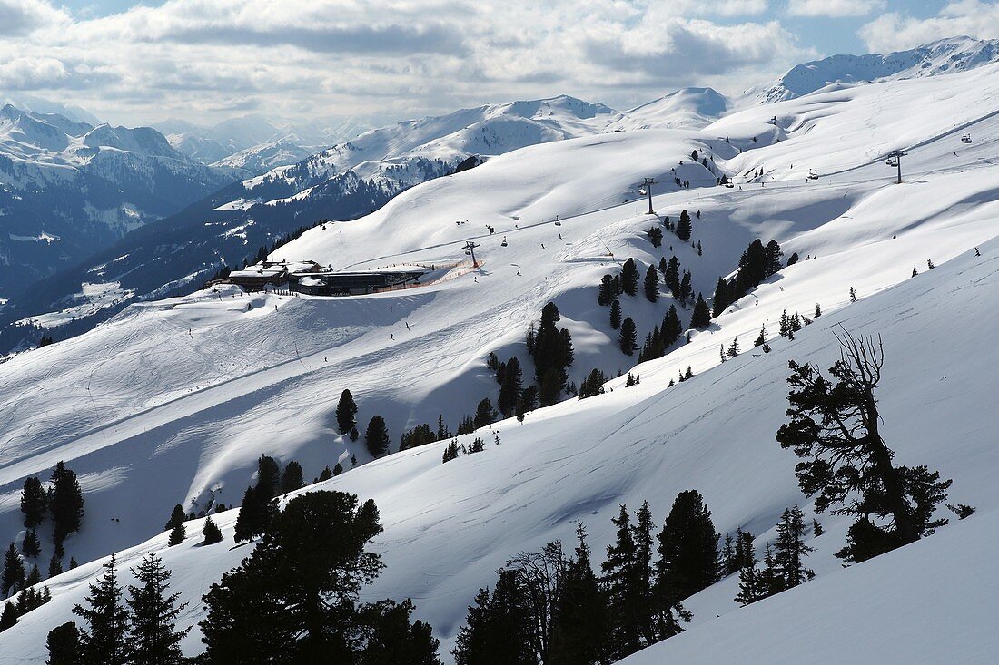 View to the Gerlos area in the ski area Königsleiten- Hochkrimml, Zillertal Arena on the Gerlos Pass, Salzburger Land, Austria