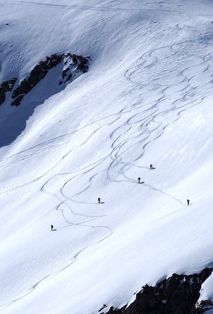 Traces in the Weißsee ski area over Enzingerboden in the Hohe Tauern, Pinzgau, Austria