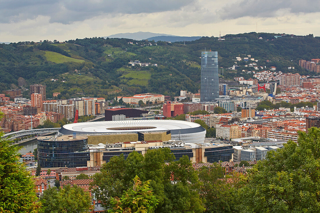 Bilbao, view on stadium, Iberdrola Tower and Guggenheim Museum, Basque Country, Spain, Europe