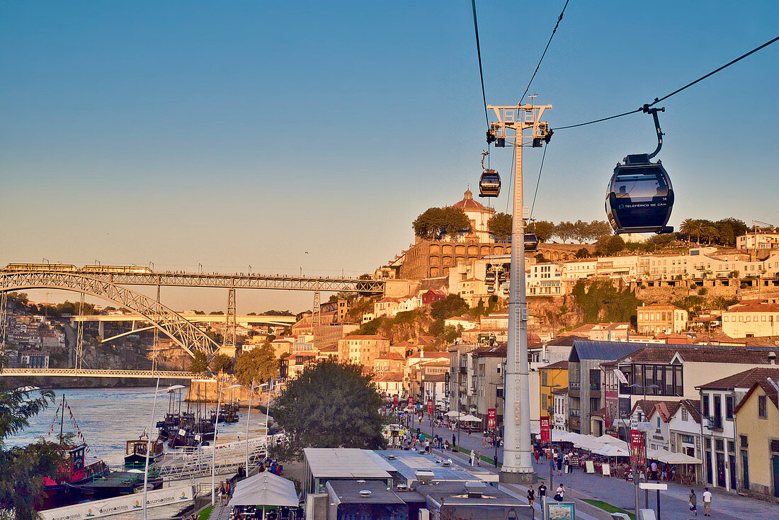 View from the cable car over the Douro and Vila Nova de Gaia to Ponte Dom Luis I, Porto, Portugal