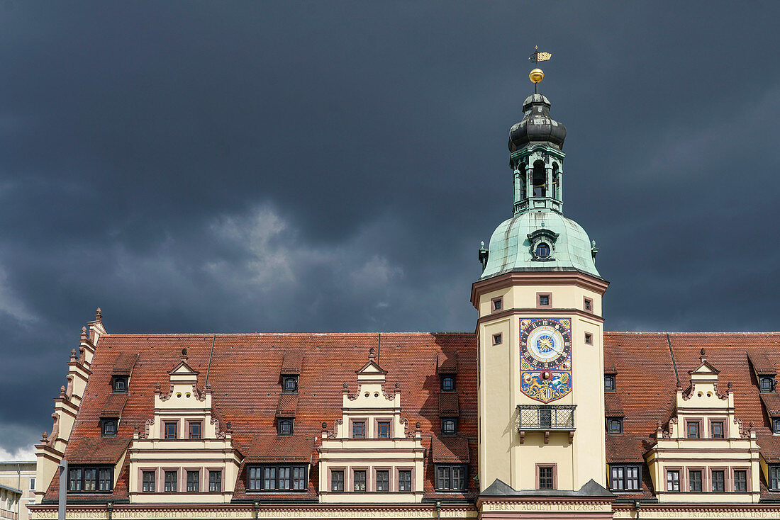 Old Town Hall of Leipzig in front of stormy sky, Saxony,