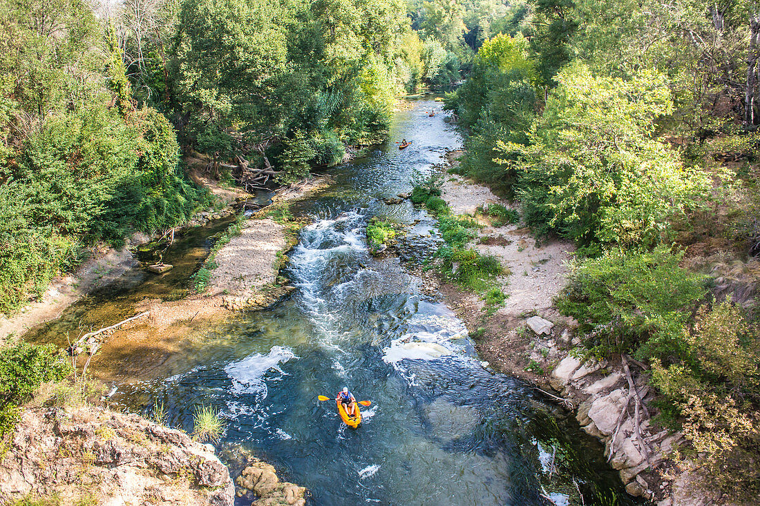 View of kayakers in the raging river Gorges D'Opedette, Provence-Alpes-Cote d'Azur