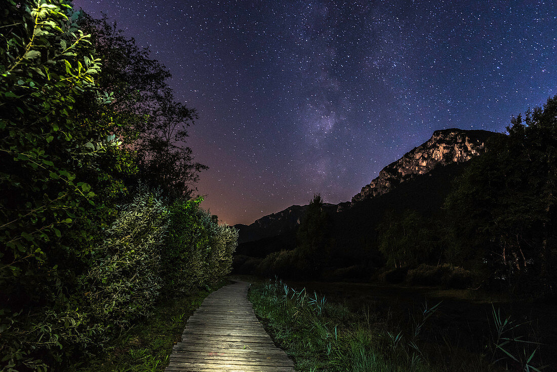 Dimly lit path leads towards the starry sky