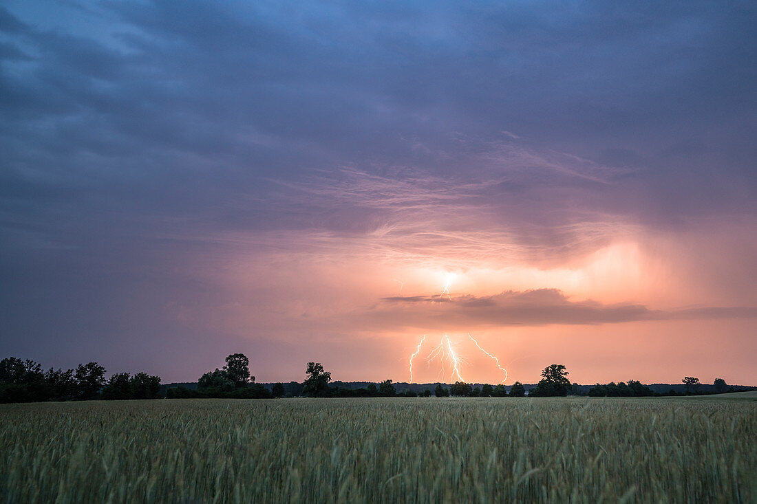 Blitze im Himmel über dem Spreewald, Brandenburg
