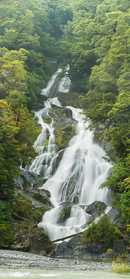 Fantail Falls, Mount Aspiring National Park, Hates Pass, West Coast, South Island, New Zealand, Oceania