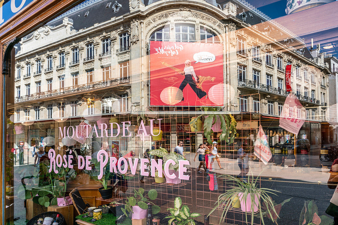 Delicatessen Maille with mustard &quot;Rose de Provence&quot;, reflection Galeries Lafayette, Art Nouveau facade, Dijon, Burgundy, France