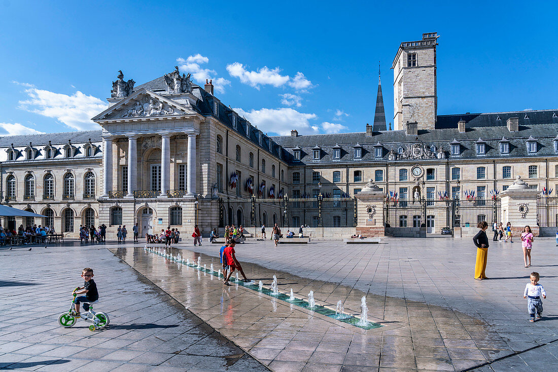 Brunnen auf der Place de la Liberation in Dijon, Le palais des ducs de Bourgogne, Herzogspalast, Burgund
