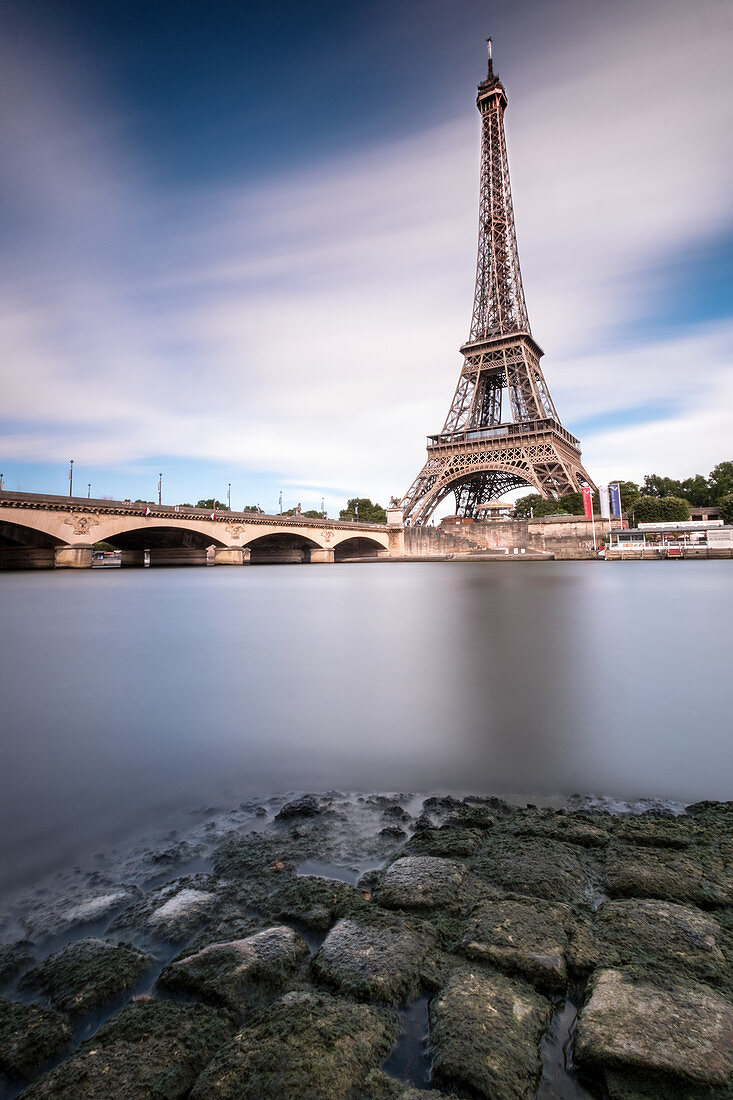 View on the Eiffel Tower and the Pont d'IÃ © na from the opposite bank side of the Seine, long exposure, Paris, ÃŽle-de-france, France