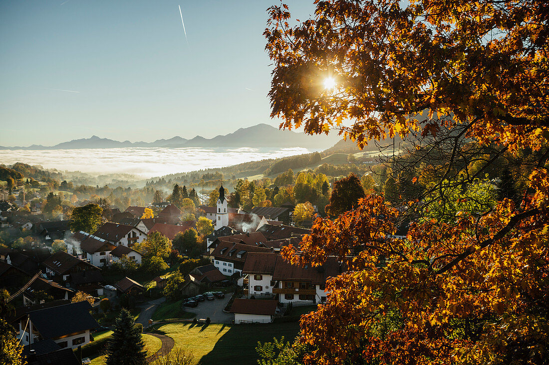 Sunny, idyllic scenic autumn view of townscape, Bad Kohlgrub, Bayern, Germany