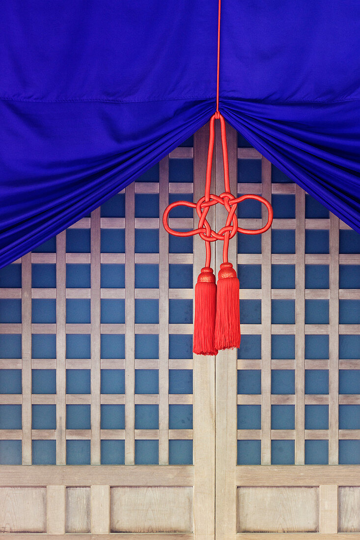 Fabric Hanging In Front Of Lattice Door, Ise, Japan