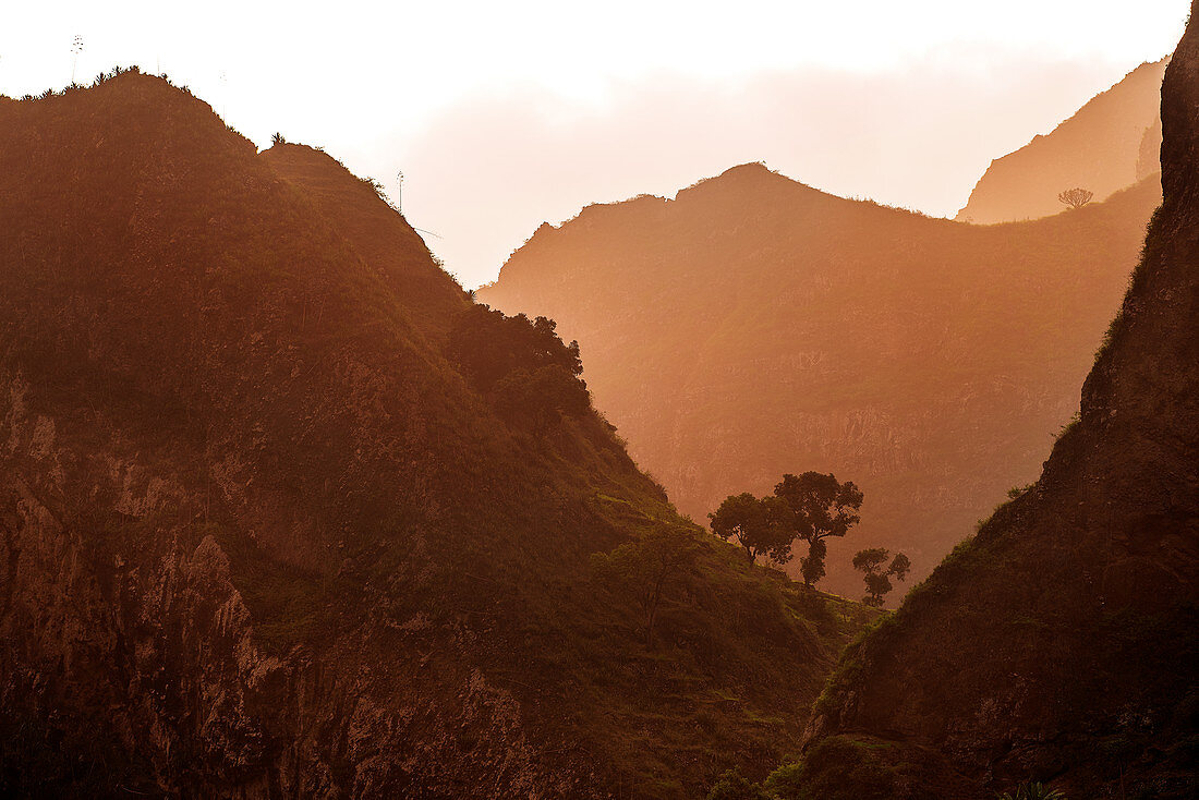 Cape Verde, Island Santo Antao, landscapes, mountains, green valley, sunset