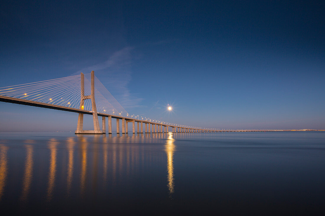 The Vasco da Gama bridge in Lisbon, Portugal at the blue hour