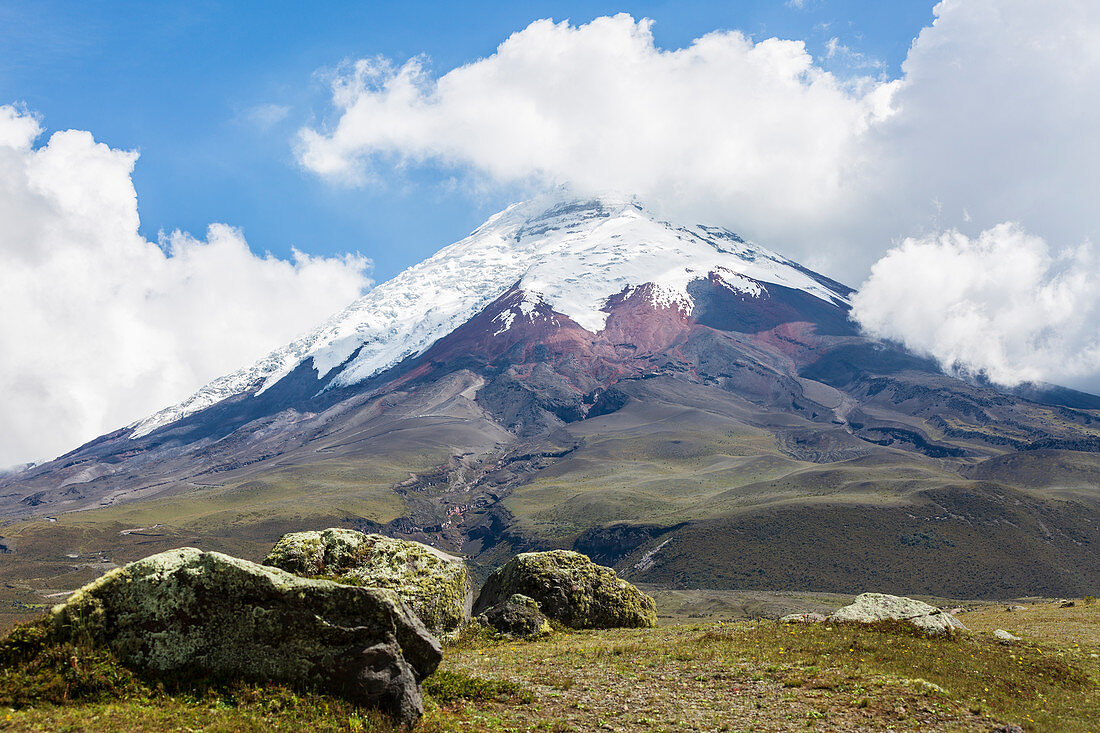 View of the 5900 meter high volcano Cotopaxi in Cotopaxi National Park, Ecuador