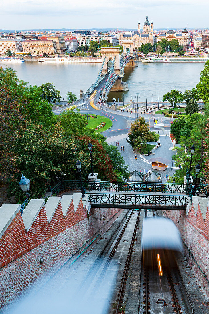 View of the Chain Bridge of Budapest, Hungary, from Castle Hill with the cable car below