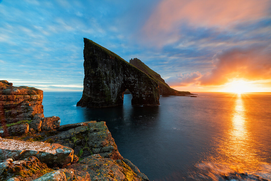 Drangarnir at sunset, Vagar island, Faroe Islands, Denmark, Europe