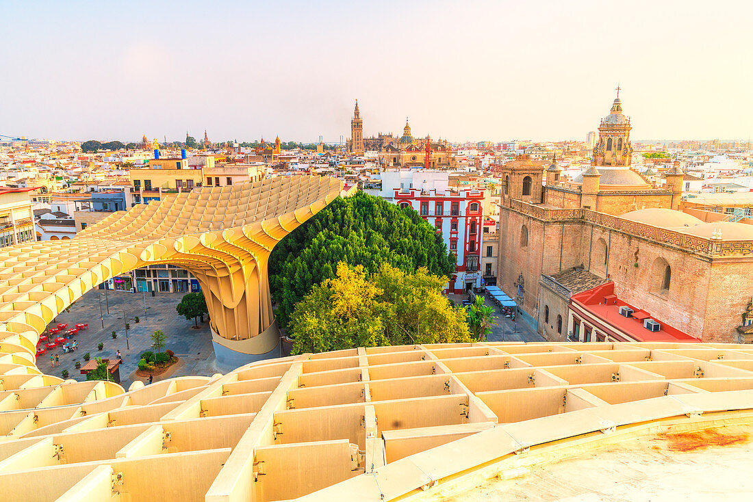 Church of the Annunciation, La Giralda and Seville skyline from Metropol Parasol, Plaza de la Encarnacion, Andalusia, Spain, Europe