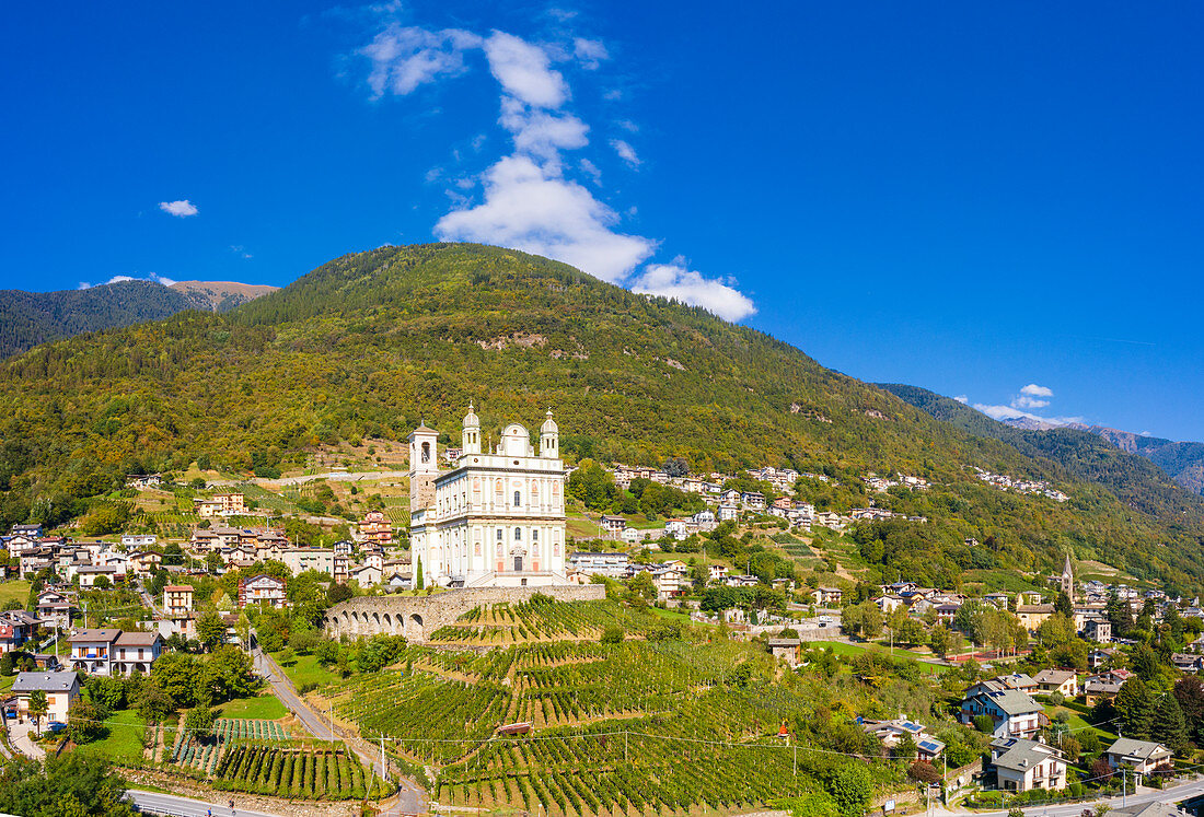 Panoramic of terraced vineyards and sanctuary Santa Casa di Loreto, Tresivio, Sondrio province, Valtellina, Lombardy, Italy, Europe