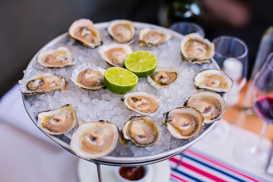 Fresh oysters with ice and limes on stand