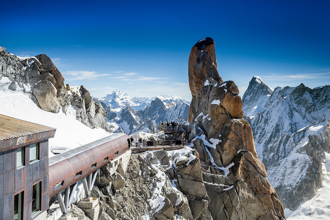 New tube that allows tourists to go around Aiguille du Midi peak in French Alps, Chamonix Mont-Blanc, Haute Savoie, France