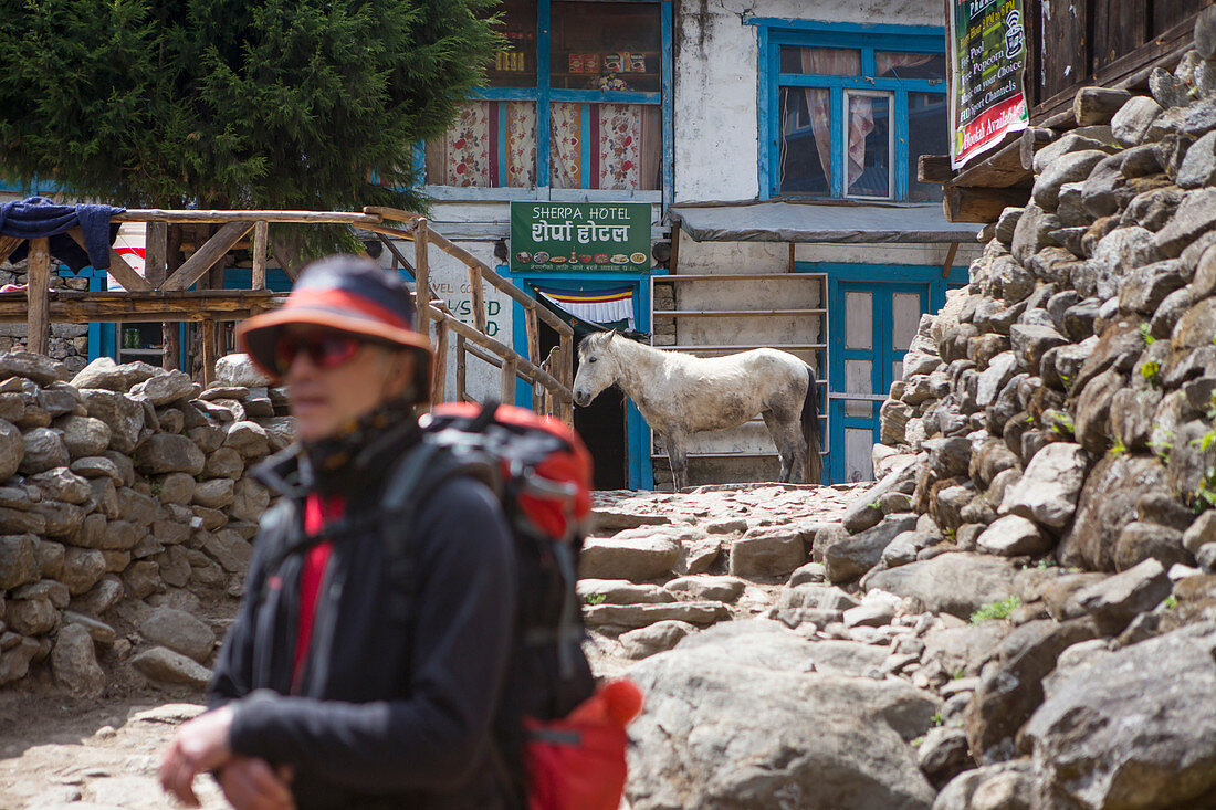 Ein Wanderer in der Nähe einer Lodge in einem Dorf im nepalesischen Khumbu-Tal, Weg zum Everest Base Camp (EBC)