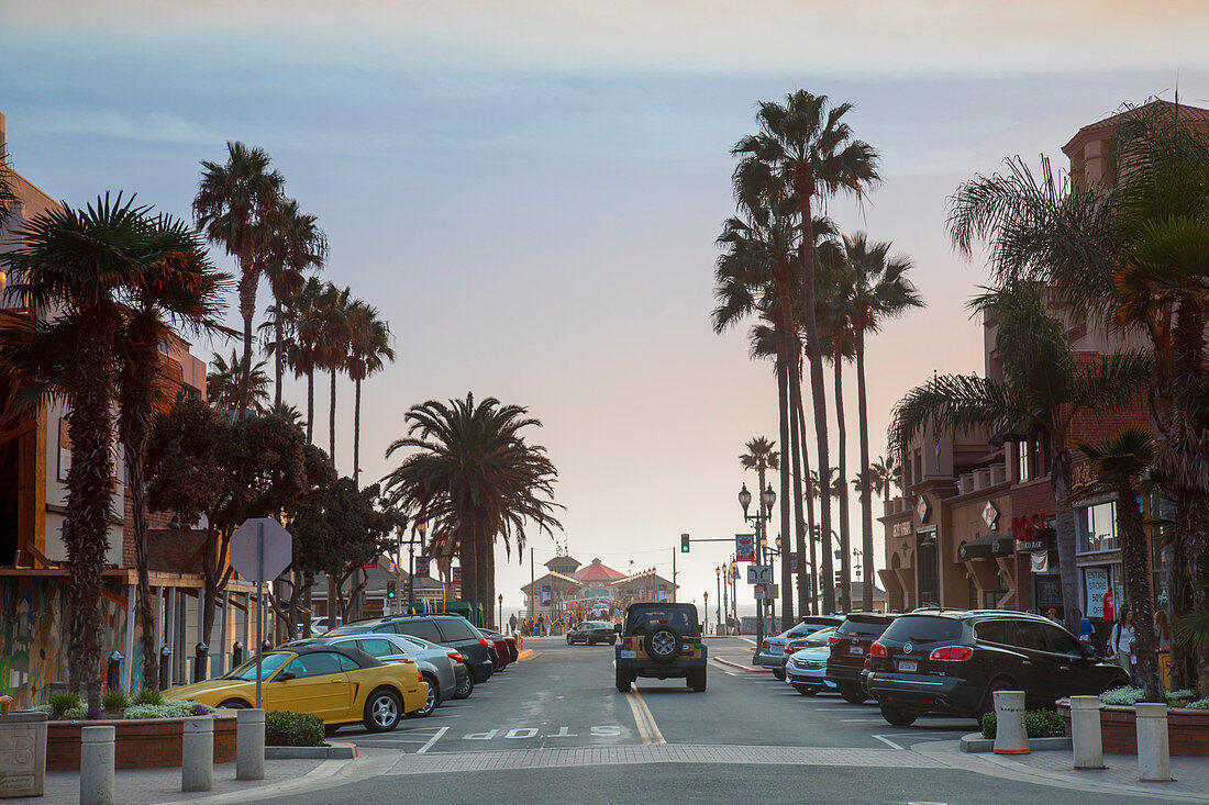 Looking down main street Huntington Beach, towards pier, California, USA