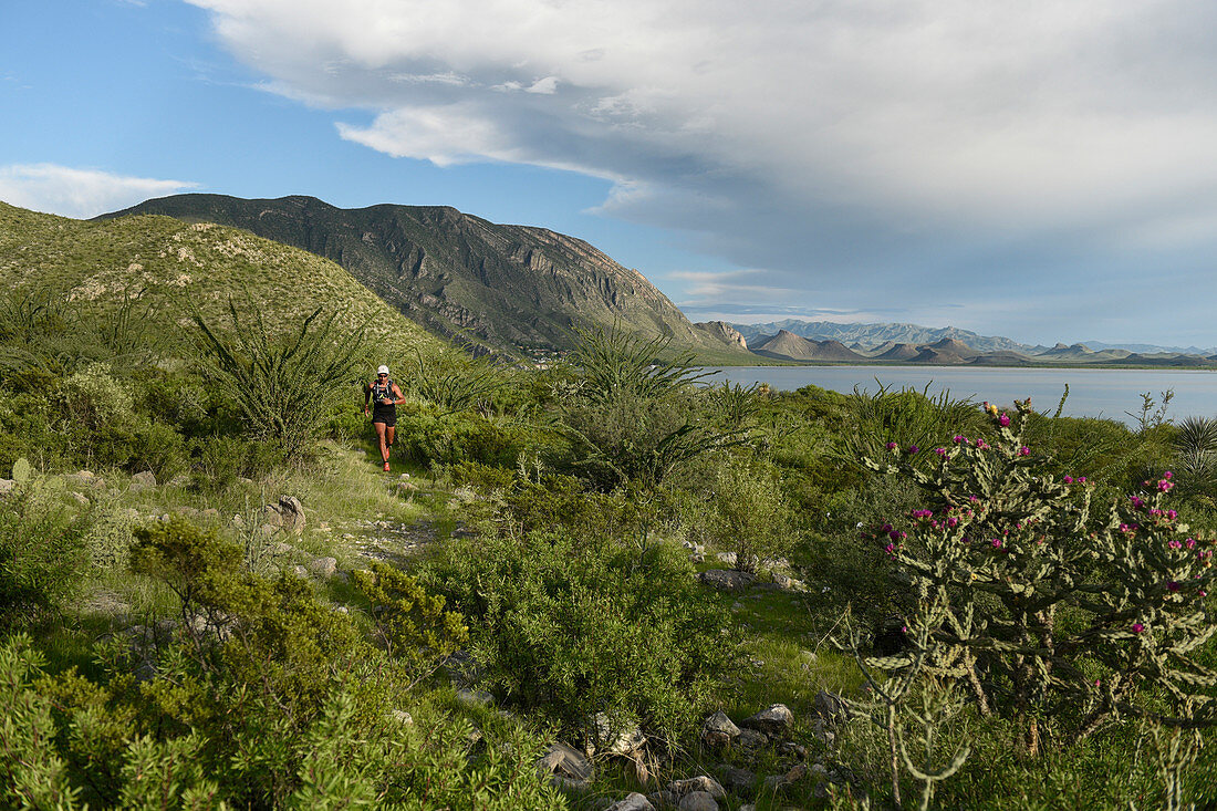 Man trail running in area of Presa Zarco in Durango, Mexico