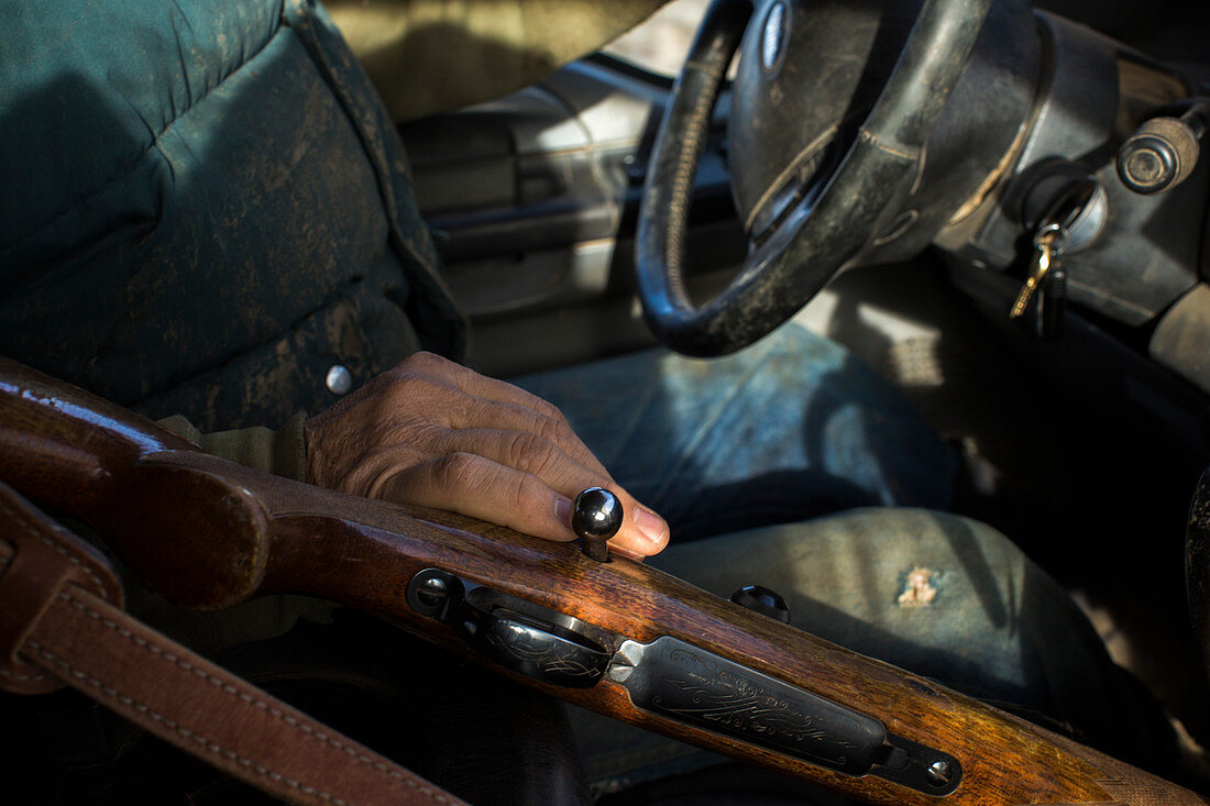 Hände auf Gewehr auf dem Beifahrersitz während einer Autorahrt, Grass Valley, Oregon, USA