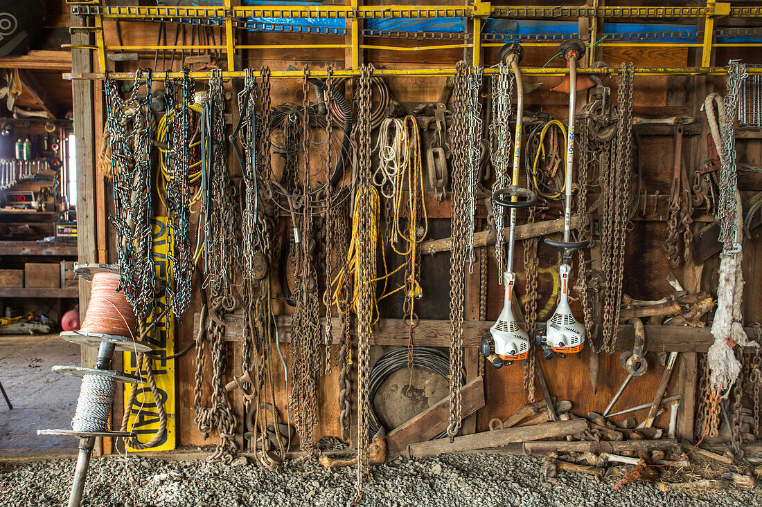 Chains and farming equipment hanging in barn, Grass Valley, Oregon, USA