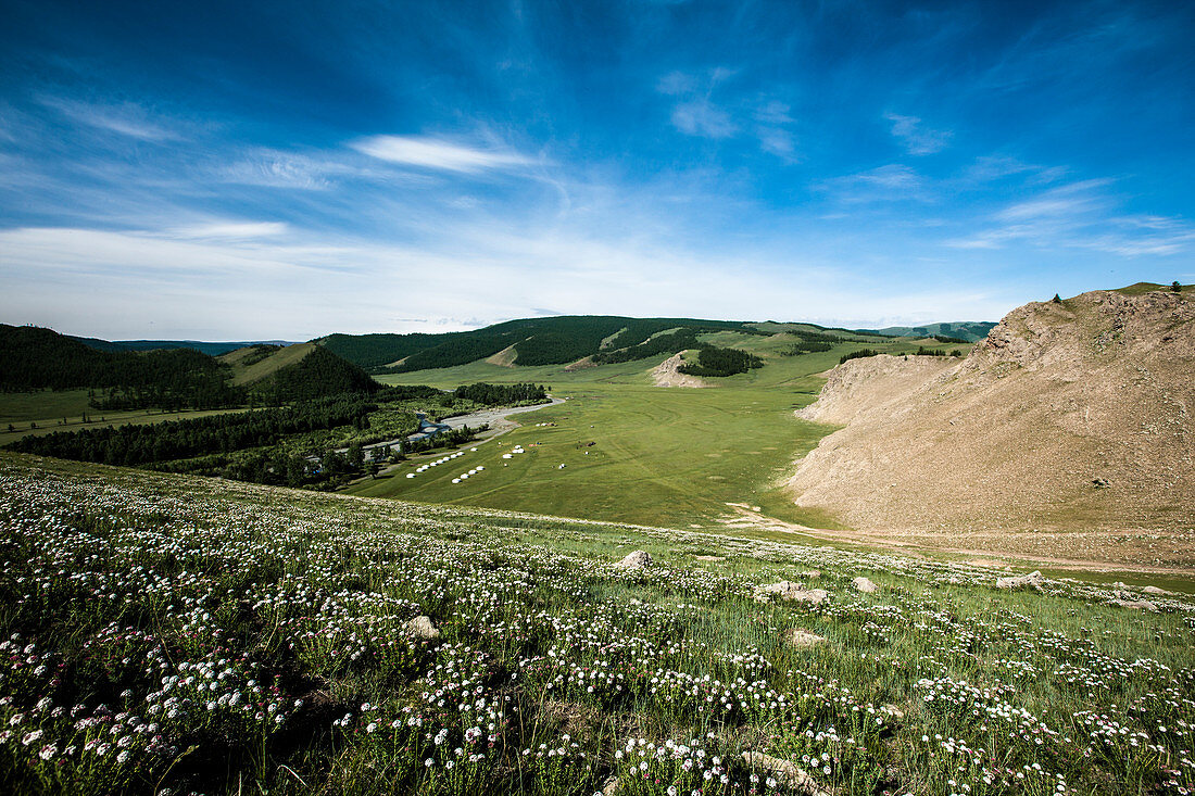 Mongolische Steppe mit sanften Hügeln und Jurtenzelten in der Ferne, Bunkhan Tal, Bulgam, Mongolei