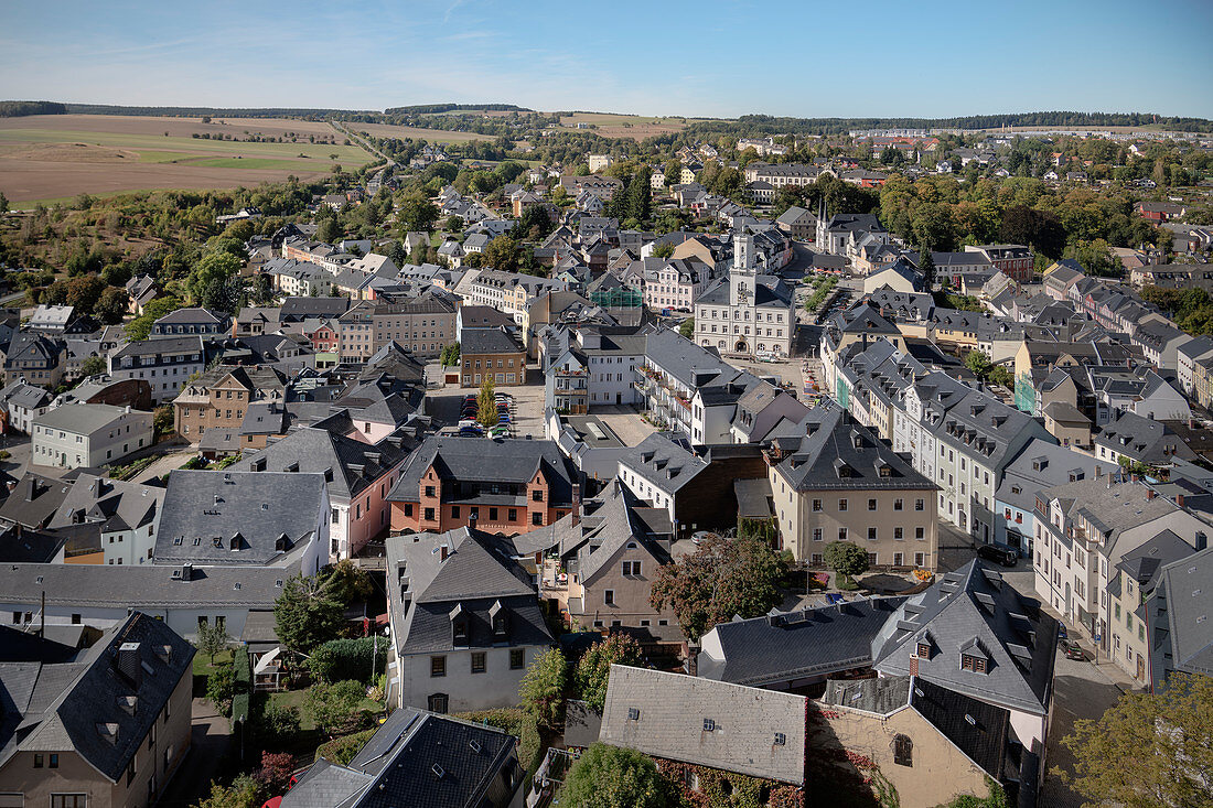 View from the steeple of St Wolfgang's church on historic old town Schneeberg, UNESCO World Heritage Montanregion Erzgebirge, Schneeberg, Saxony