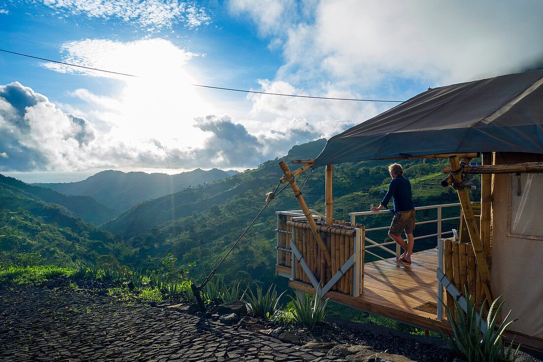 Cape Verde, Santiago Island, tentcamp, green valley, mountains