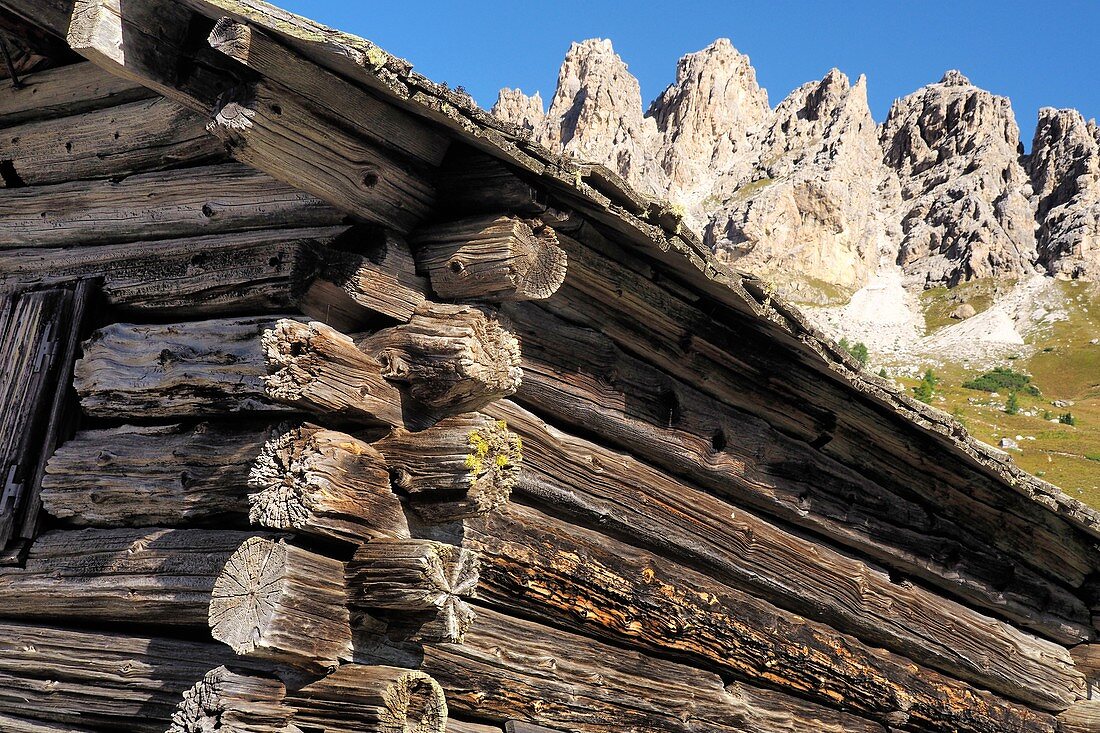 Hut at the Gardena Pass, Dolomites, South Tyrol, Italy