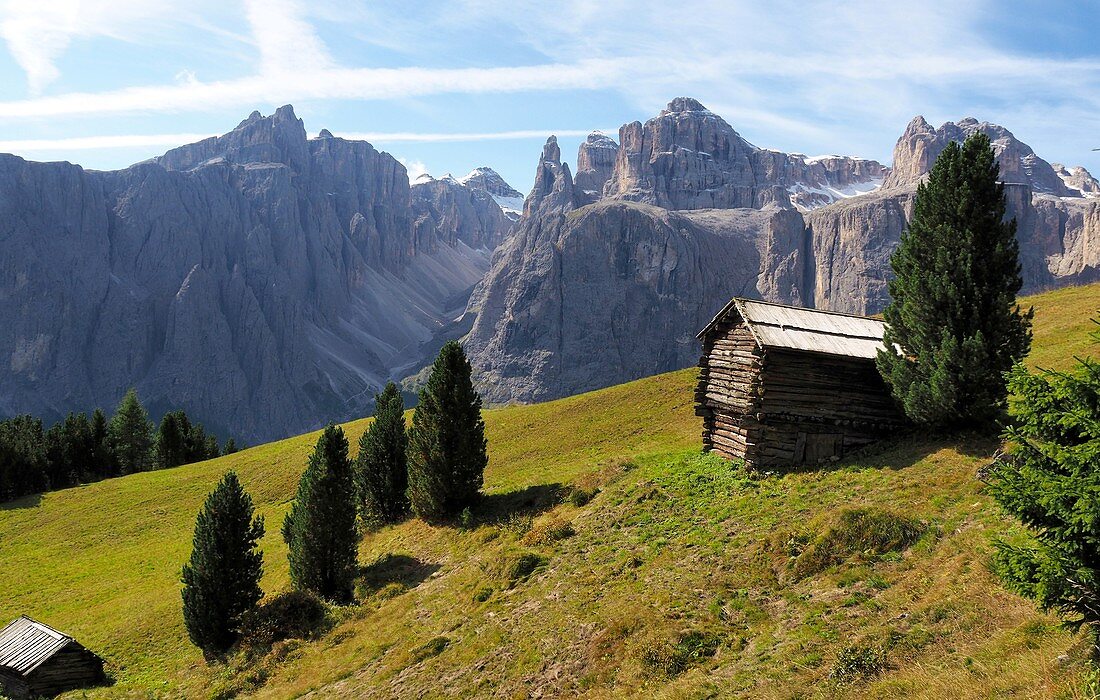 via Colfosco with Sella, Alta Badia, Dolomites, South Tyrol, Italy