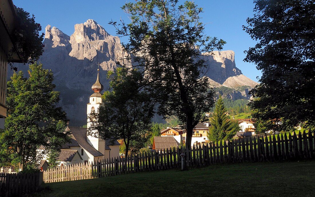 Church of Colfosco with Sella, Alta Badia, Dolomites, South Tyrol, Italy