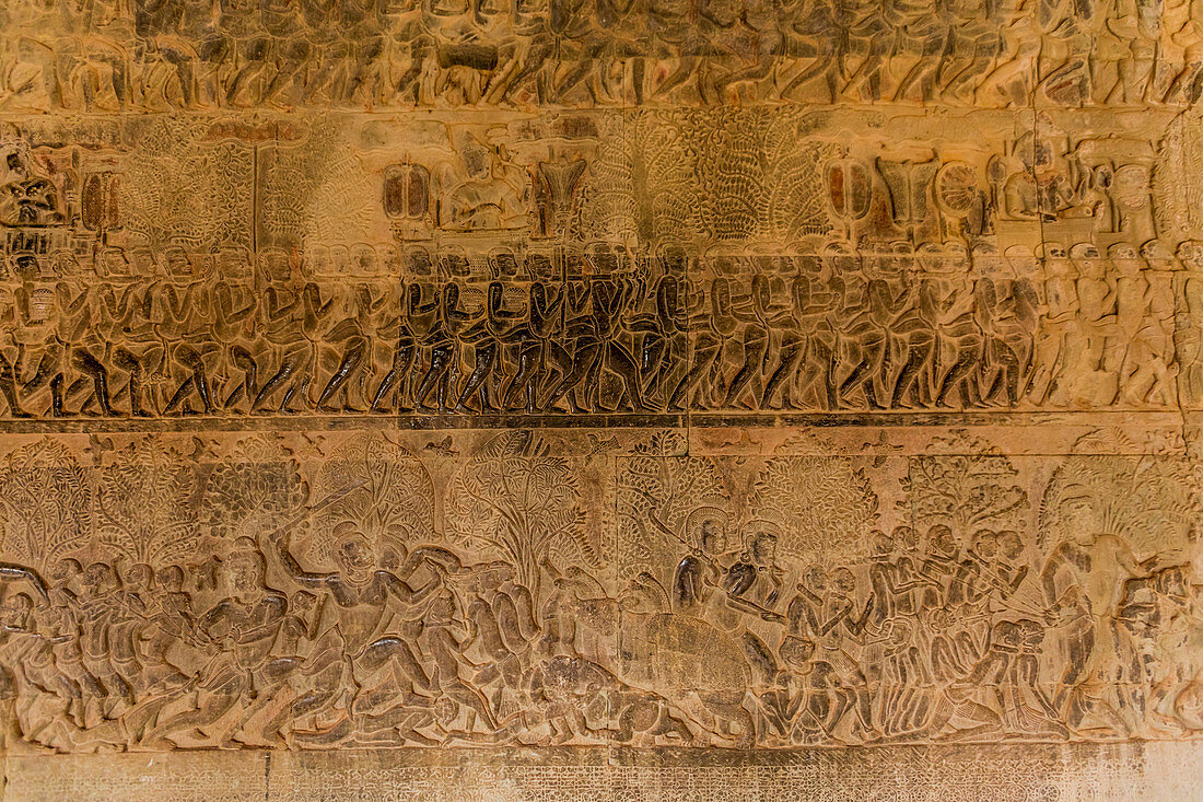 Handgeschnitzte Steinwände an Angkor Wat Tempeln, Angkor, UNESCO-Welterbestätte, Siem Reap, Kambodscha, Indochina, Südostasien, Asien