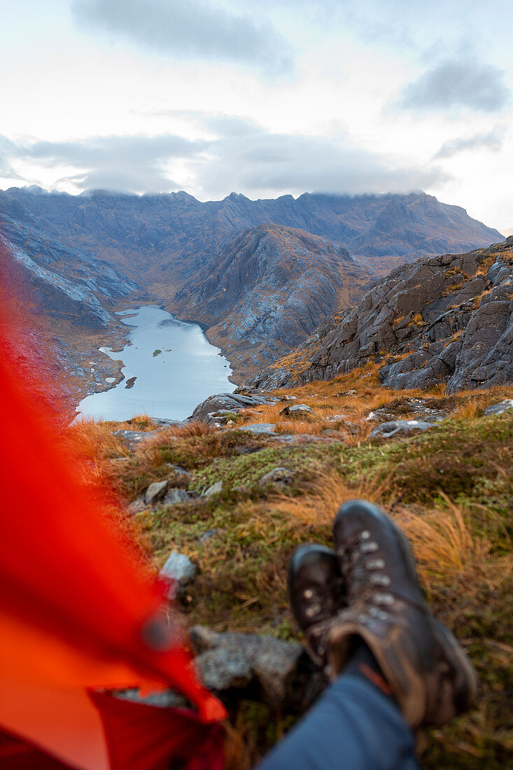 Wild camping on the top of Sgurr Na Stri looking towards Loch Coruisk and the main Cuillin ridge, Isle of Skye, Inner Hebrides, Scotland, United Kingdom, Europe