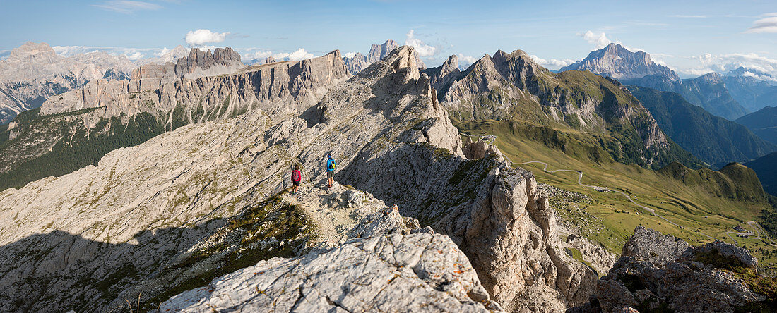 Hiking in typical mountainous terrain of the Dolomites range of the Alps on the Alta Via 1 trekking route near Rifugio Nuvolau, Belluno, Veneto, Italy, Europe