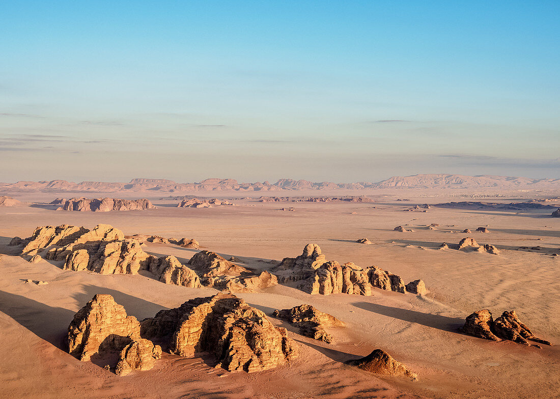 Landscape of Wadi Rum at sunrise, aerial view from a balloon, Aqaba Governorate, Jordan, Middle East