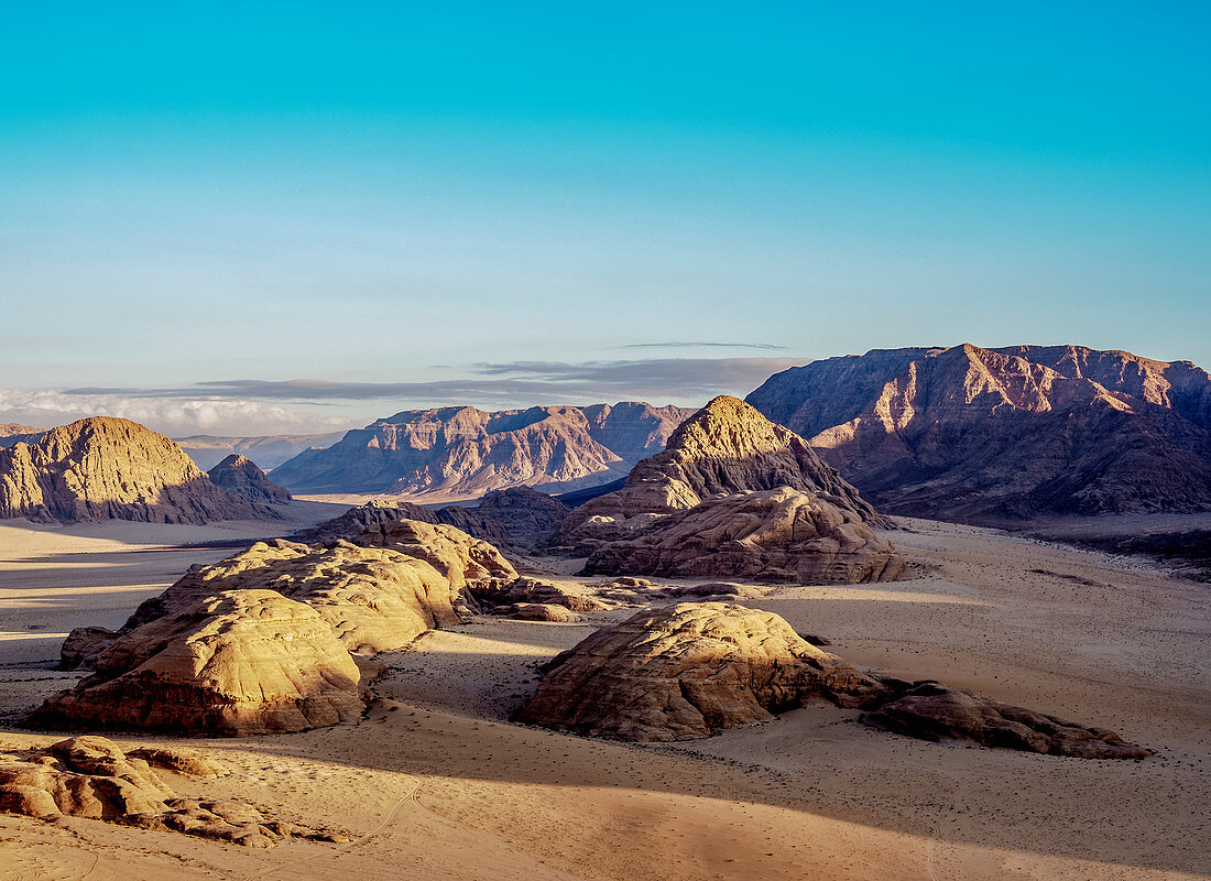 Landscape of Wadi Rum, aerial view from a balloon, Aqaba Governorate, Jordan, Middle East