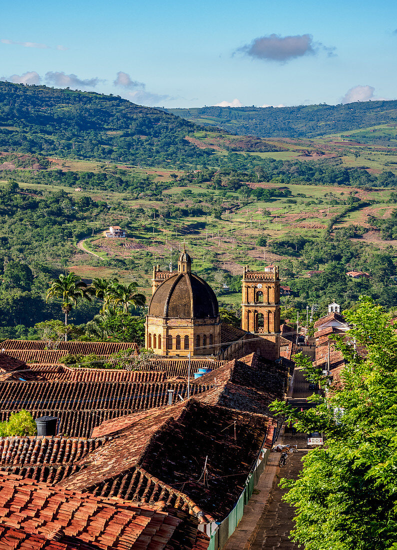 View towards La Inmaculada Concepcion Cathedral, Barichara, Santander Department, Colombia, South America