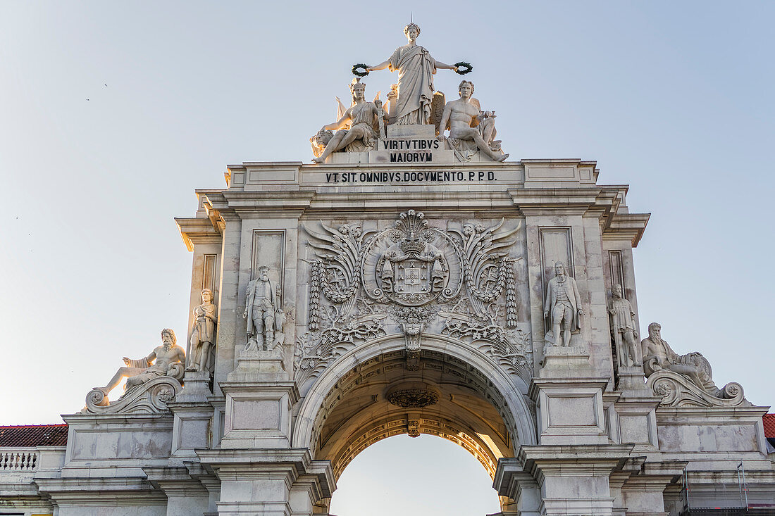 Rua Augusta triumphal Arch, statue detail with Glory rewarding Valor and Genius, seen from Commerce Square, Lisbon, Portugal, Europe
