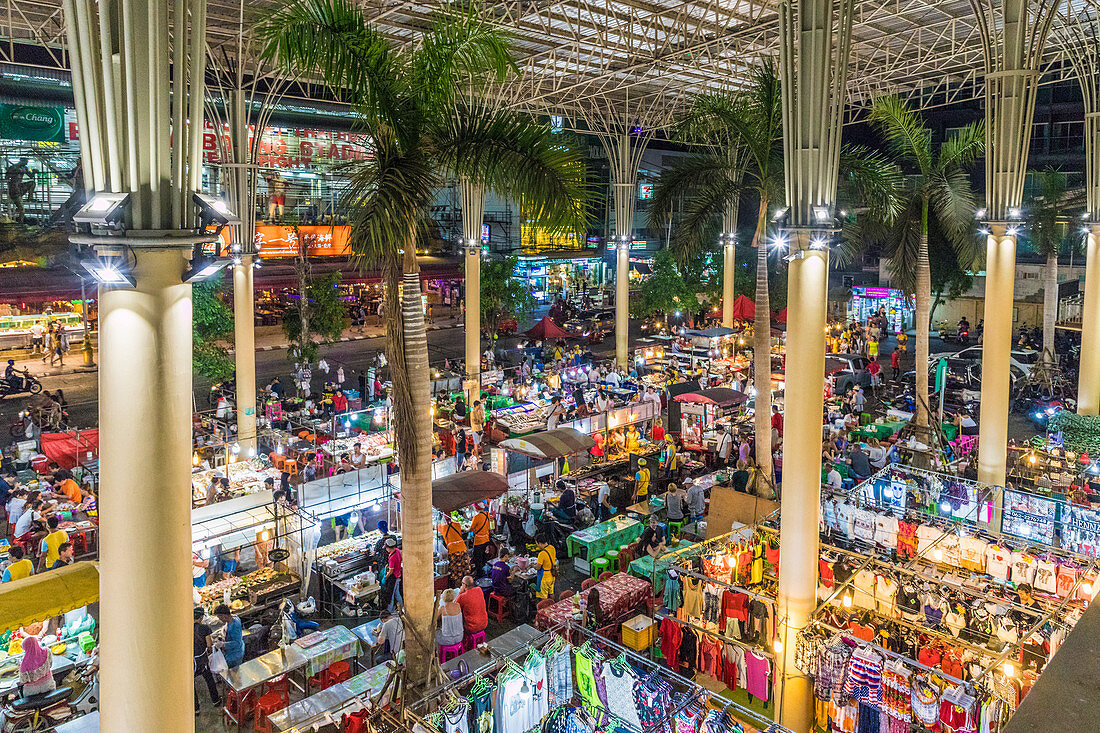 An aerial view of the Banzaan night market in Patong, Phuket, Thailand, Southeast Asia, Asia