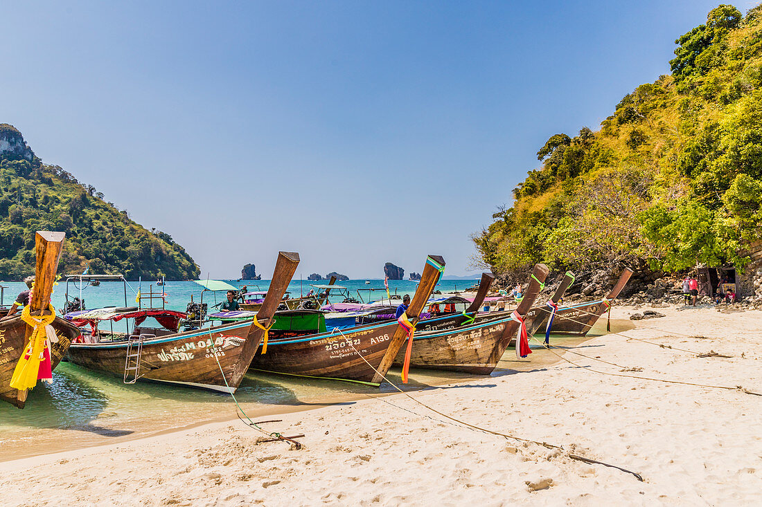 Long tail boats on Tup Island in Ao Nang, Krabi, Thailand, Southeast Asia, Asia