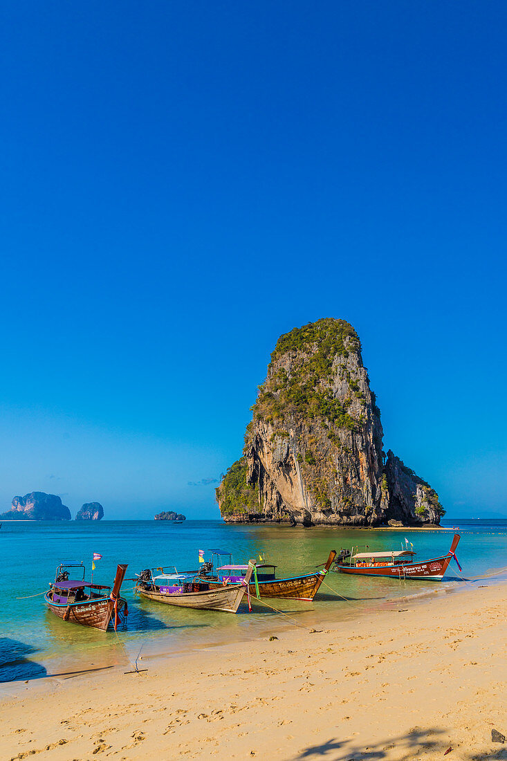 Long tail boats on Phra Nang Cave Beach on Railay in Ao Nang, Krabi Province, Thailand, Southeast Asia, Asia